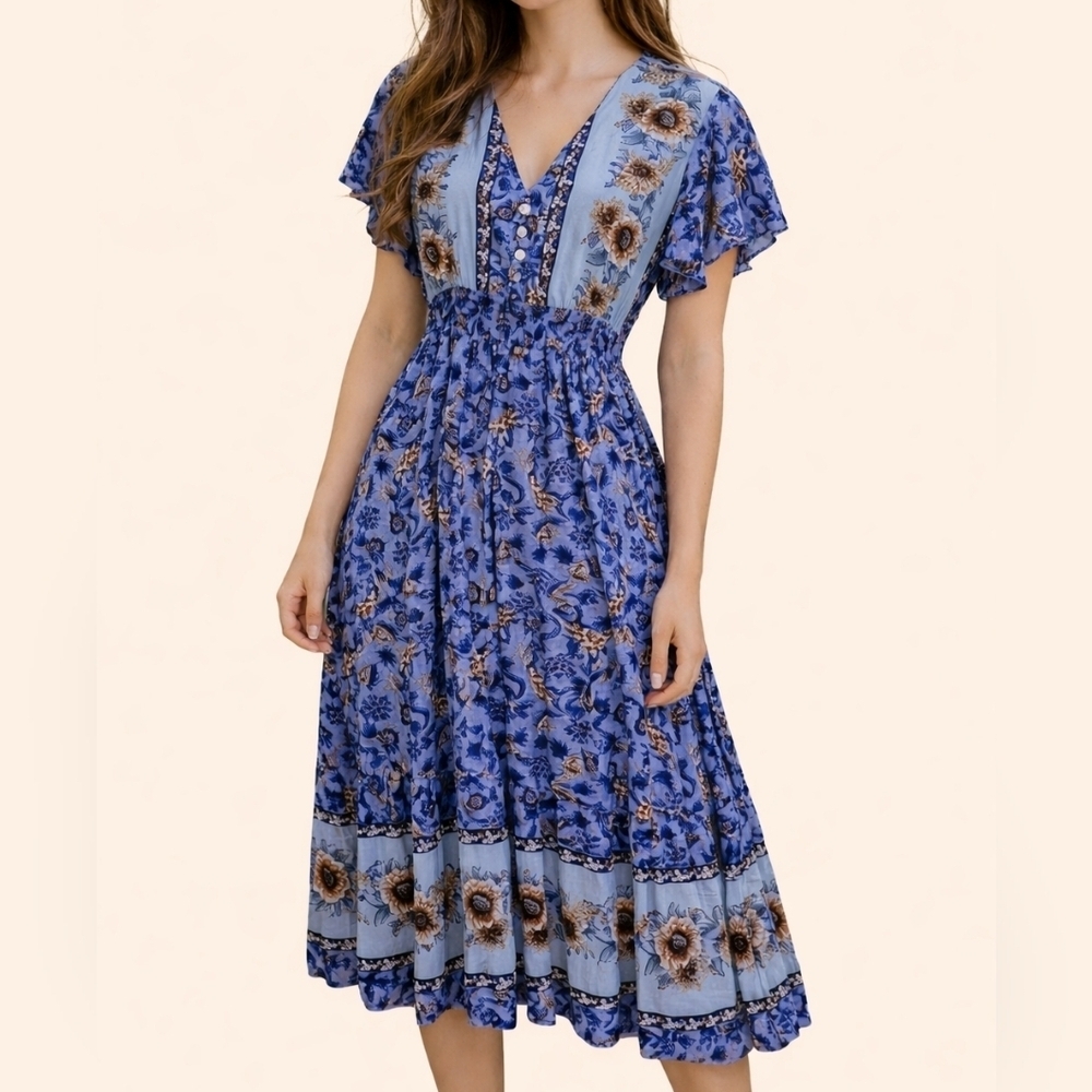 Cute Coquette Prairie Granny Floral Empire Waist Swing Shirt Land Girl Dress